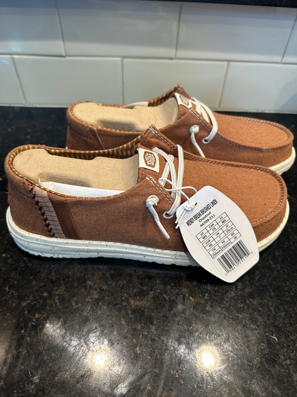 NWT Hey Dude Brown Canvas Slip-On Loafers with White Laces